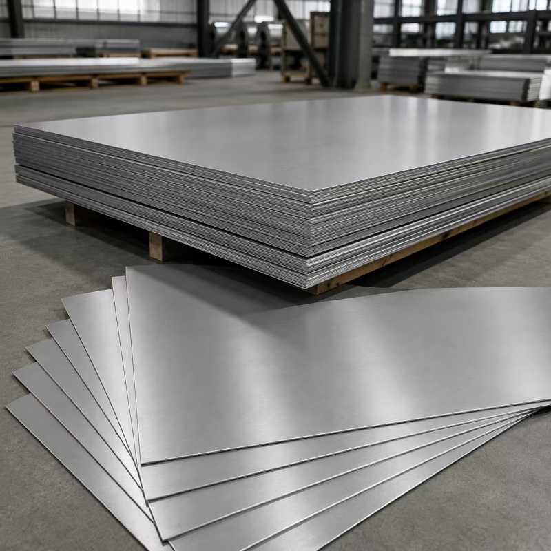 Stainless steel sheets and plates stacked in warehouse for decoration and industrial fabrication