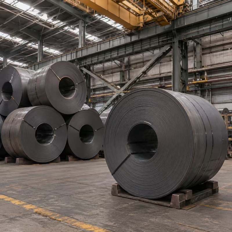 Carbon steel coils stacked in warehouse for pipe making and industrial fabrication