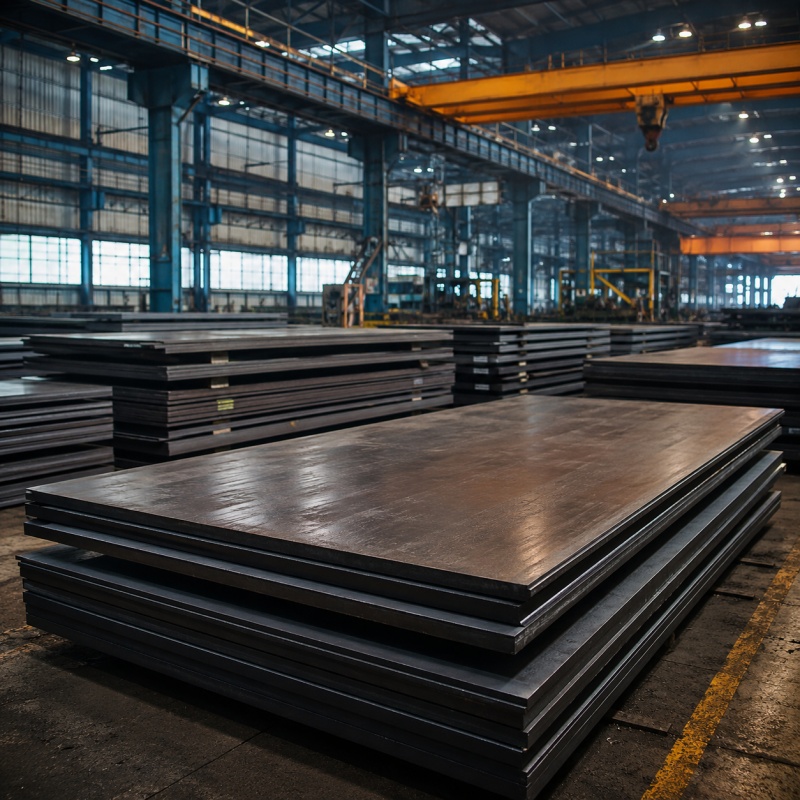 Carbon steel plates stacked in warehouse for construction and industrial fabrication