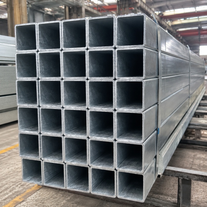Galvanized square steel tubes stacked in warehouse for construction and fabrication