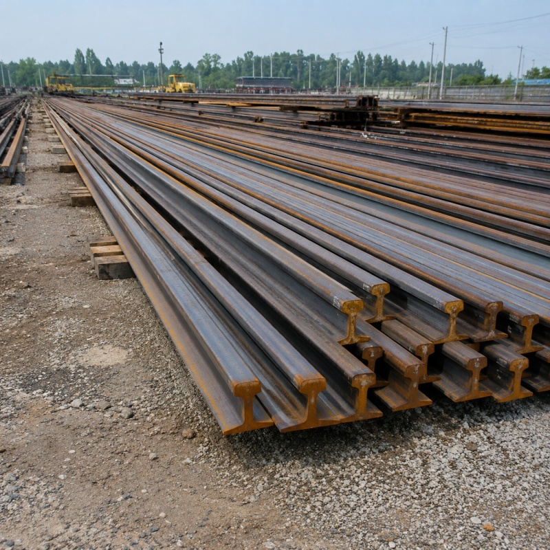 Steel rail profiles stacked in warehouse for railway and industrial track projects
