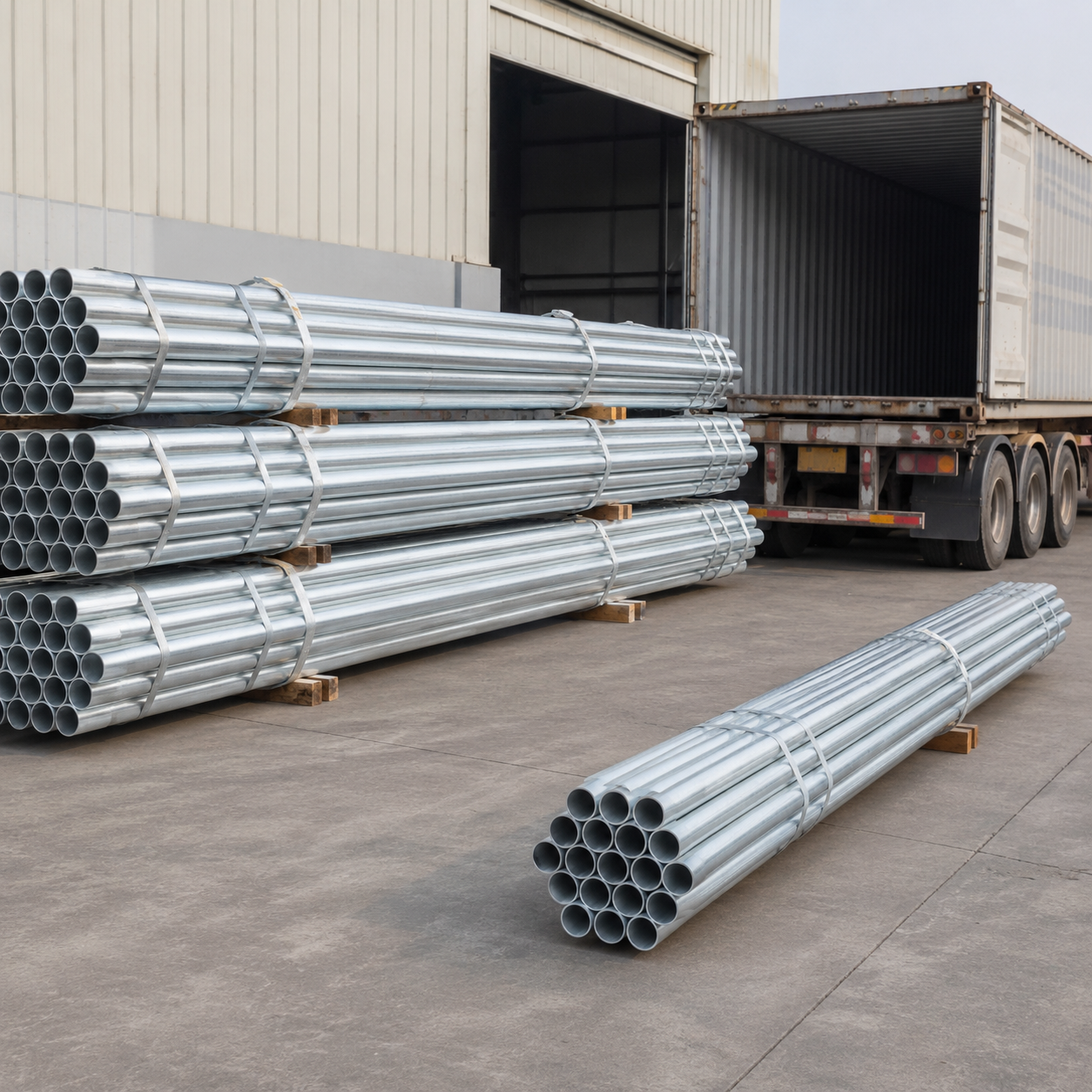 Galvanized round steel pipes stacked in warehouse for construction and industrial use