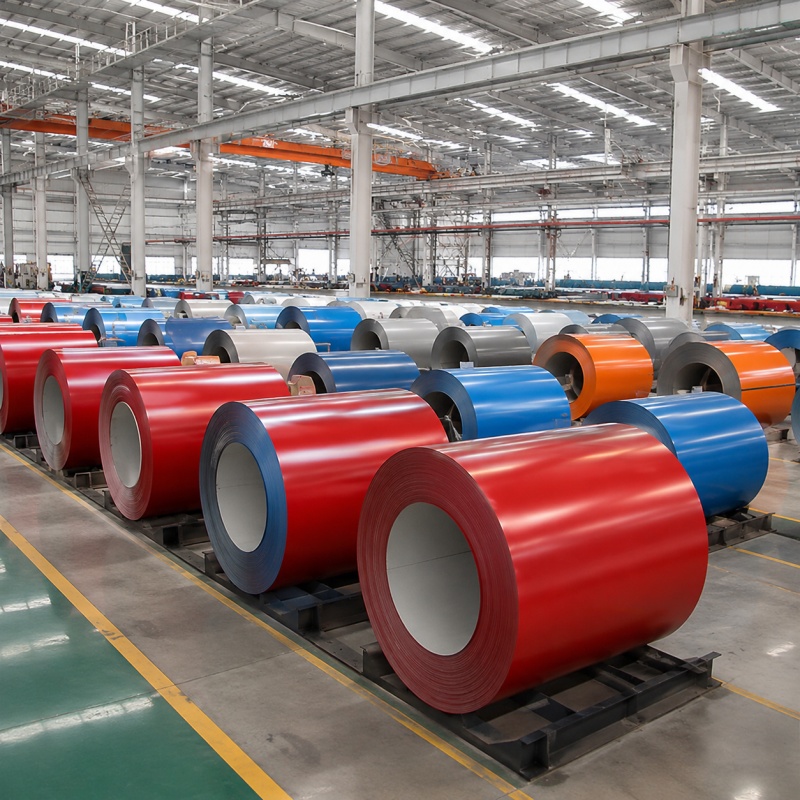 PPGI coils stacked in warehouse for roofing sheet and wall panel production