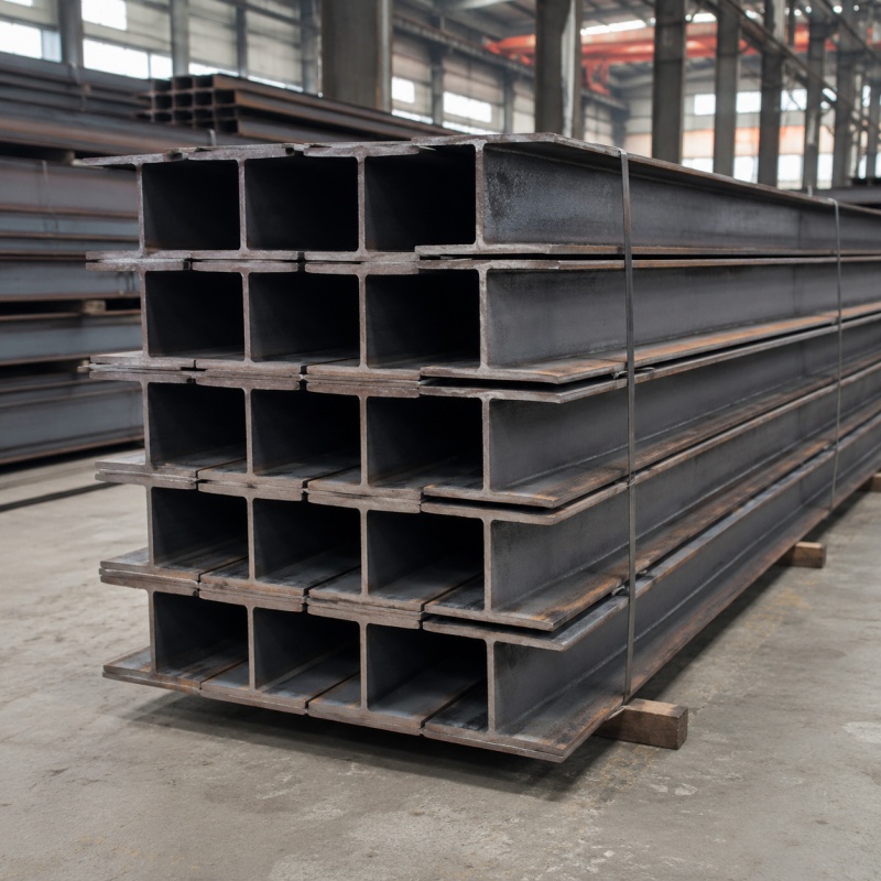 H beam steel profiles stacked in factory for construction and steel structure projects