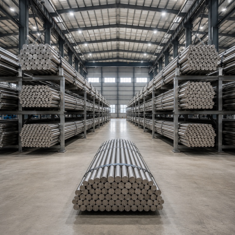 Stainless steel round bars stacked in warehouse for machining and industrial use