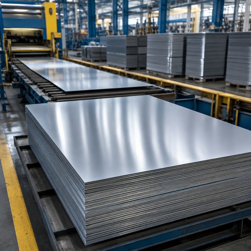 Tinplate sheets stacked in warehouse for food cans, lids and metal packaging