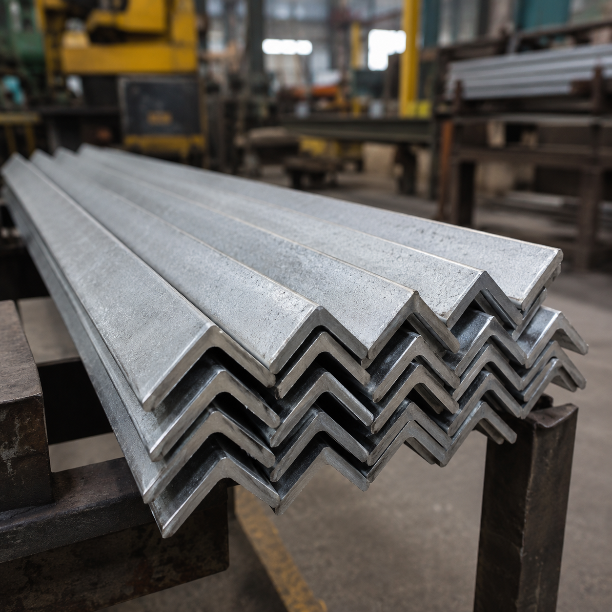 Angle steel bars stacked in warehouse for construction and fabrication projects