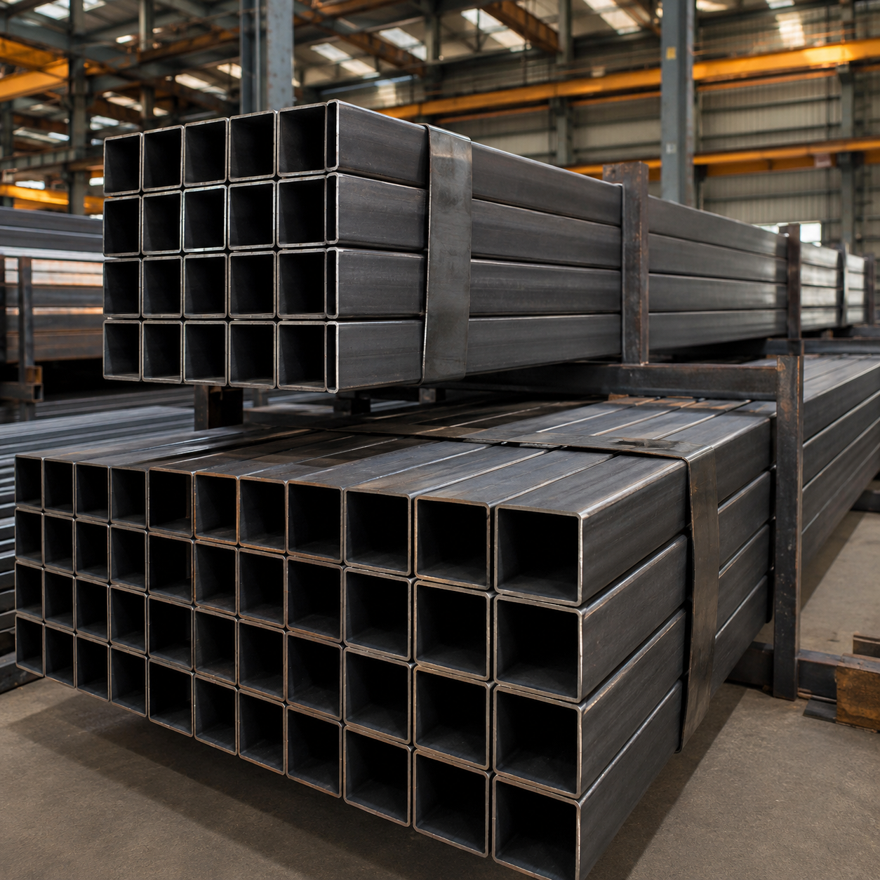 Black carbon steel square hollow section tubes stacked in warehouse for structural frames