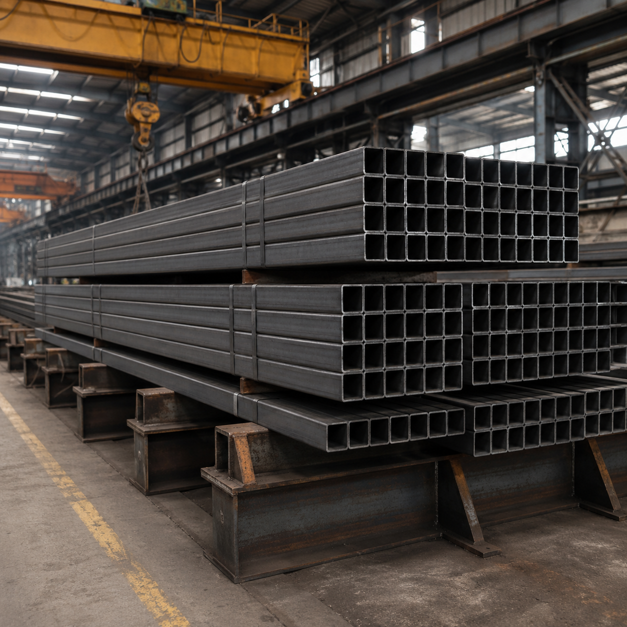 Carbon steel square tubes stacked in warehouse for construction and fabrication use