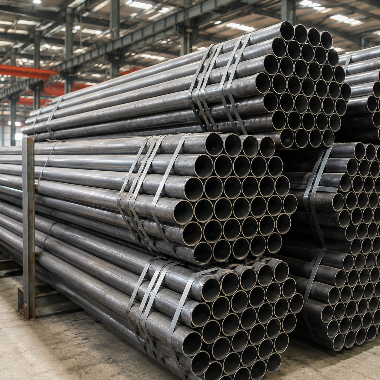Carbon steel welded pipes stacked in warehouse for construction and industrial use