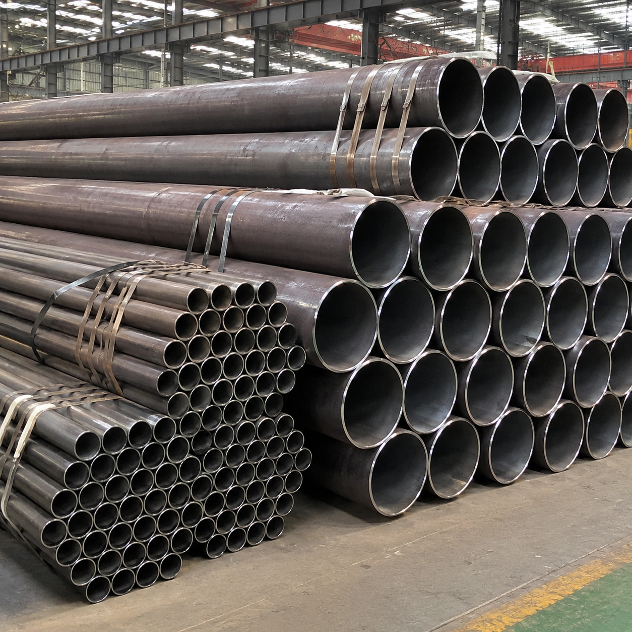 Black carbon steel round pipes stacked in warehouse for construction and fabrication