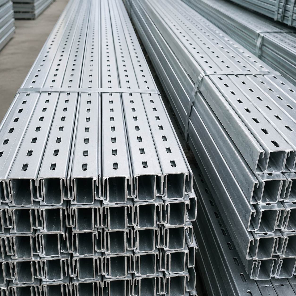 Perforated U channel steel with punched holes for solar mounting and support systems