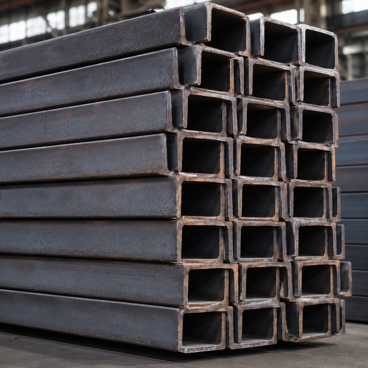 U channel steel bars stacked in warehouse for construction and steel structure projects