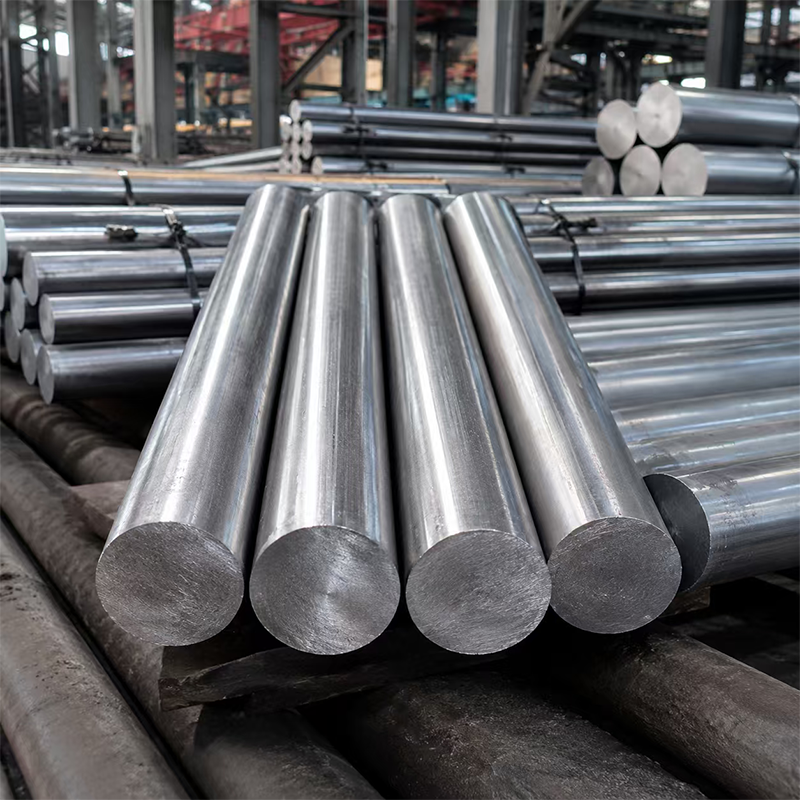 Hot rolled alloy steel round bars stacked in warehouse for shafts and machinery parts
