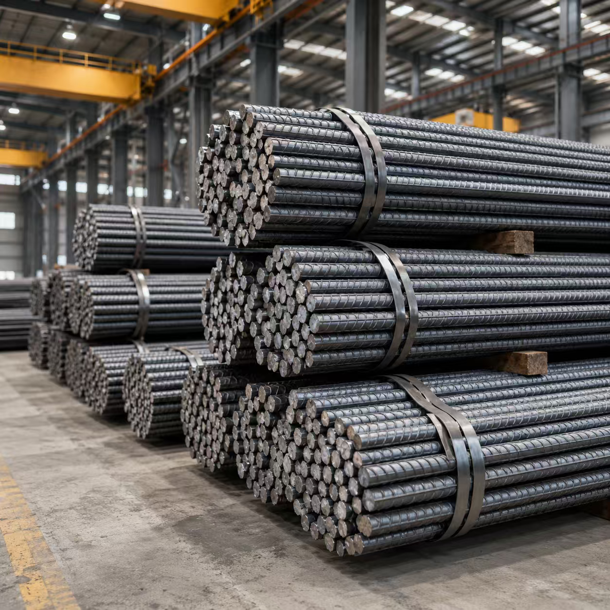 Ribbed steel rebar bundles for concrete reinforcement and building foundation projects