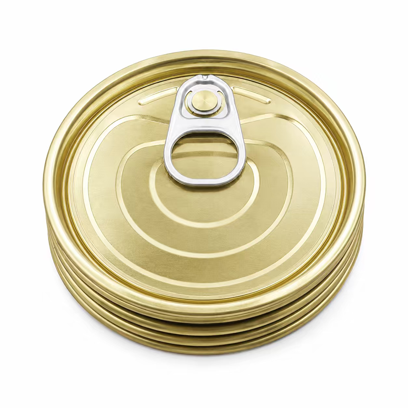 Close-up of easy open end showing pull tab, sealing structure and tinplate surface