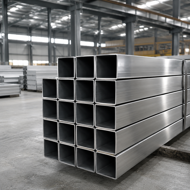 Stainless steel square tubes stacked in warehouse for construction and decoration projects