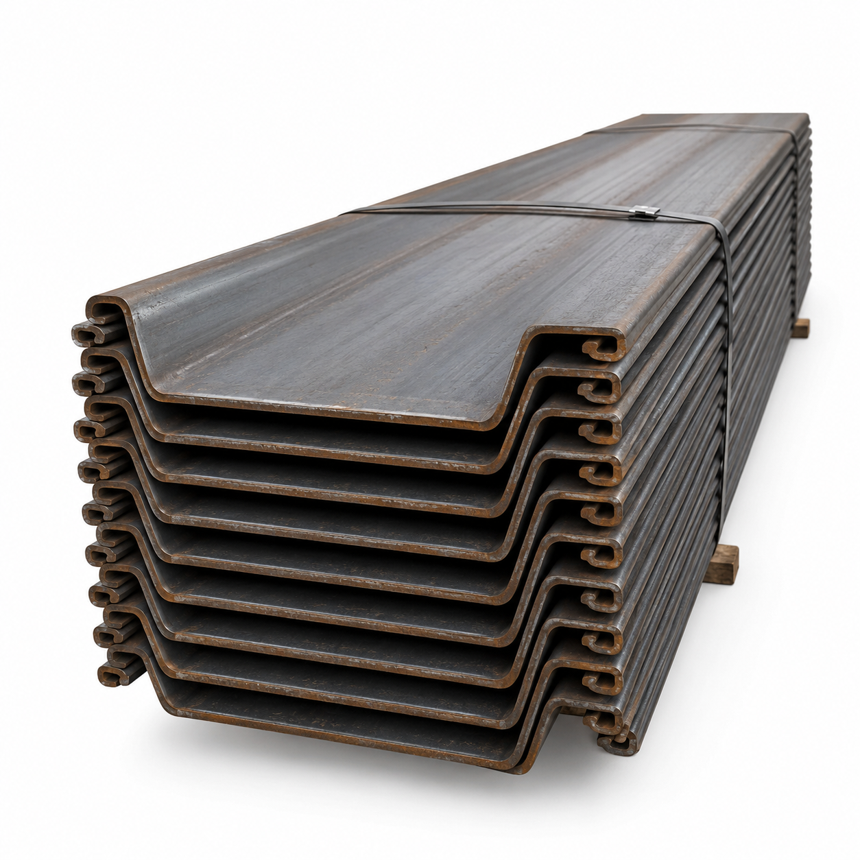Steel sheet piles stacked in warehouse for retaining wall and foundation construction