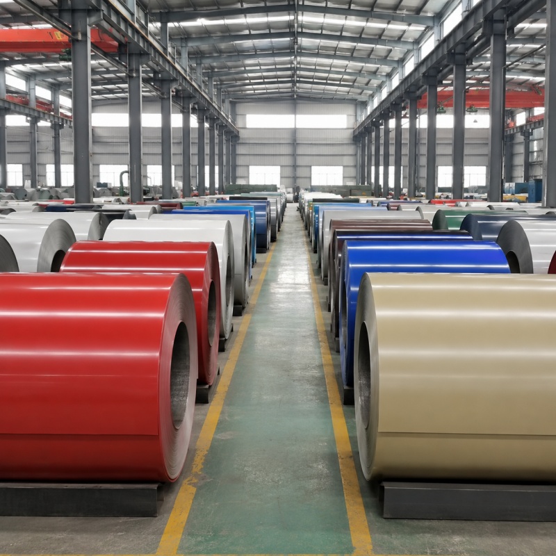 Prepainted galvanized steel coils stacked in warehouse for roofing sheet production
