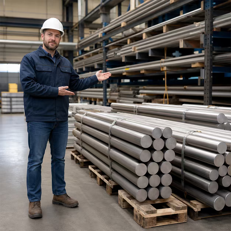 Stainless steel round bars stacked in warehouse for machining, shafts and industrial parts