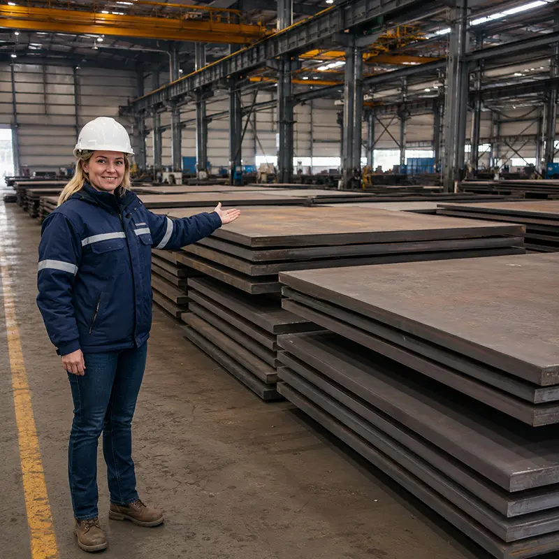 NM400 and NM500 wear plates stacked in warehouse for mining and heavy machinery