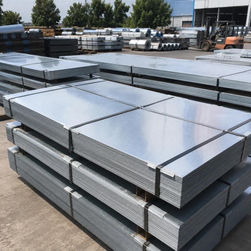 Hot dip galvanized steel sheets stacked on wooden pallets for construction and HVAC use