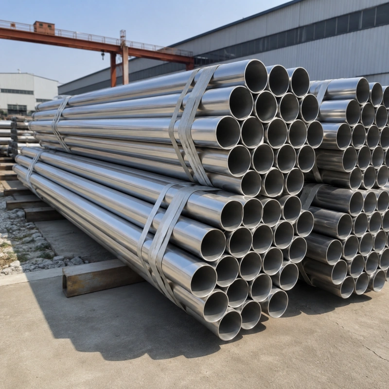Hot dip galvanized round steel pipes stacked outdoors for construction and structural use
