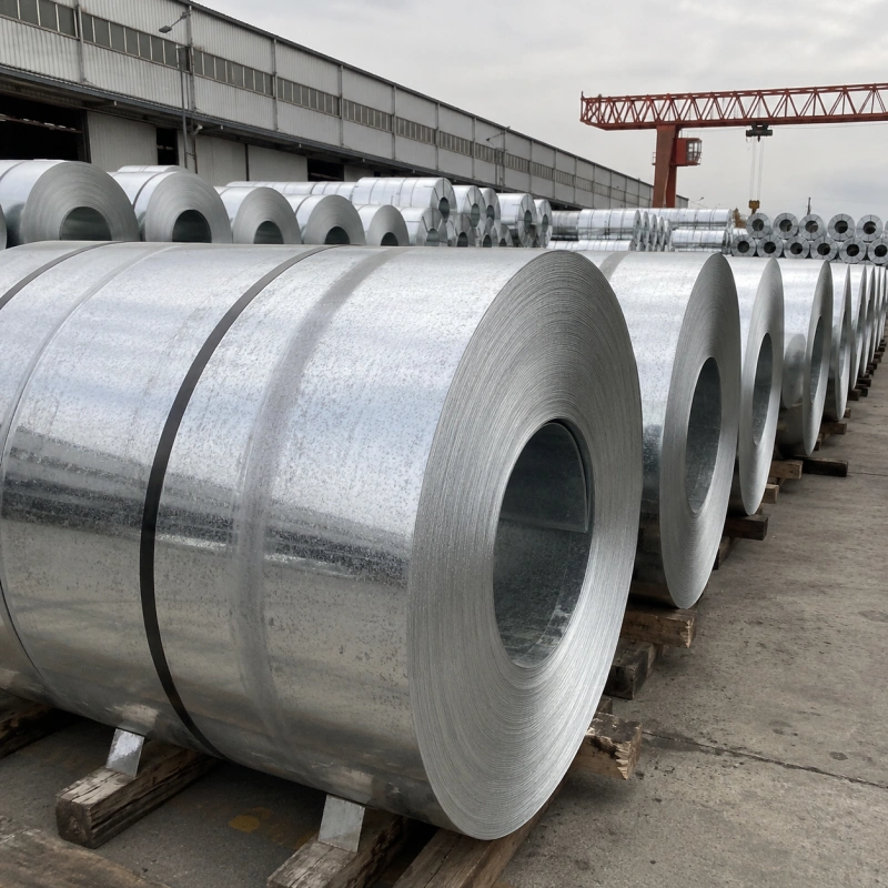 HDG hot dip galvanized steel coils stacked in warehouse for roofing and construction use