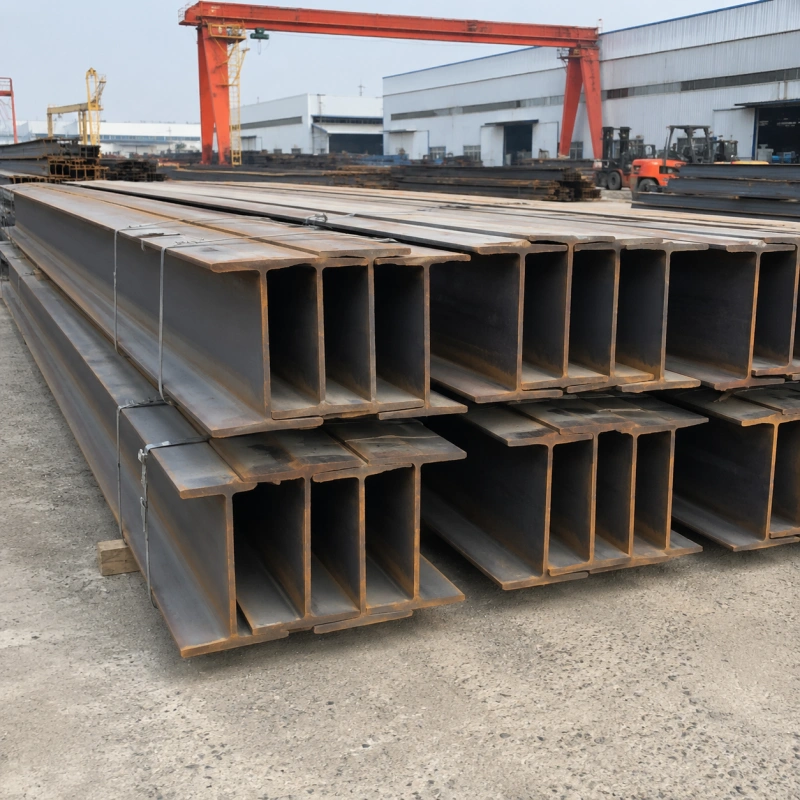 Hot rolled H beam steel stacked in warehouse for structural building construction