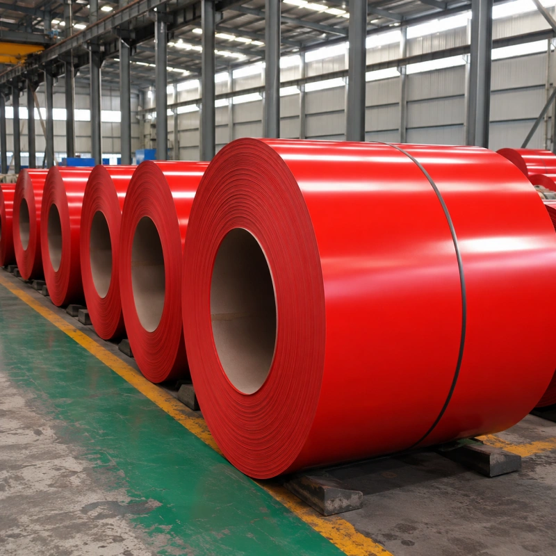 RAL 3020 traffic red PPGI coils stacked in warehouse for roofing sheet production