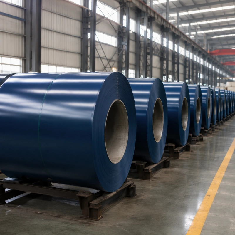 RAL 5008 grey blue PPGI coils stacked in warehouse for roofing sheet production