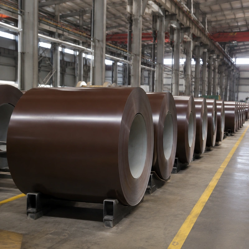 RAL 8017 chocolate brown PPGI coils stacked in factory warehouse for roofing production