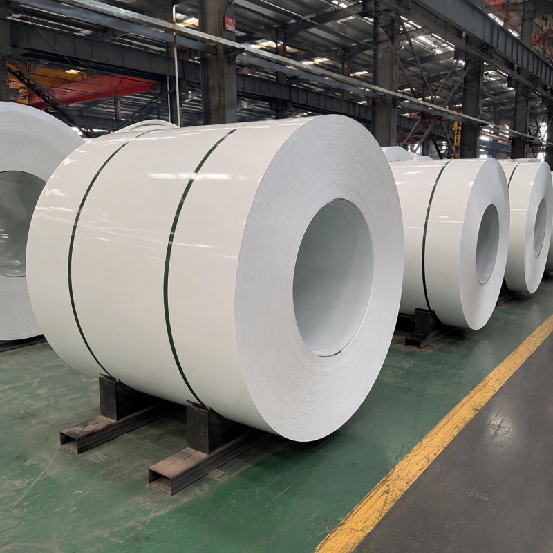 RAL 9003 signal white PPGI coils stacked in warehouse for roofing and panel production