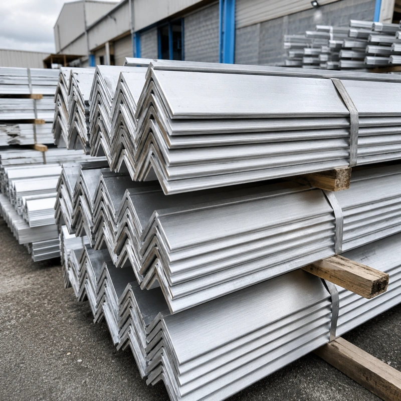 304 stainless steel angle bars stacked in warehouse for structural fabrication