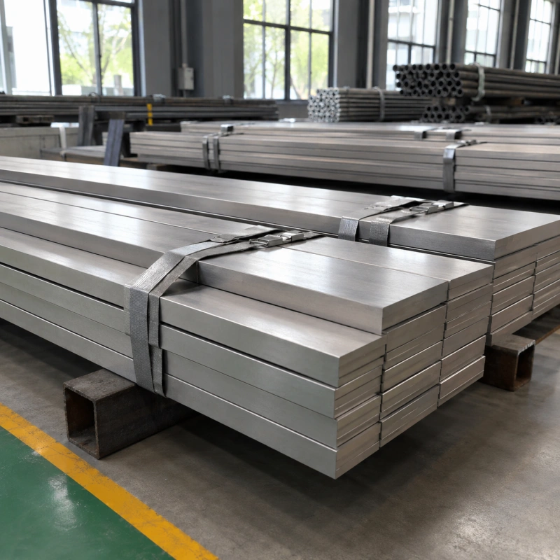 304 stainless steel flat bars stacked in warehouse for machinery and structural fabrication