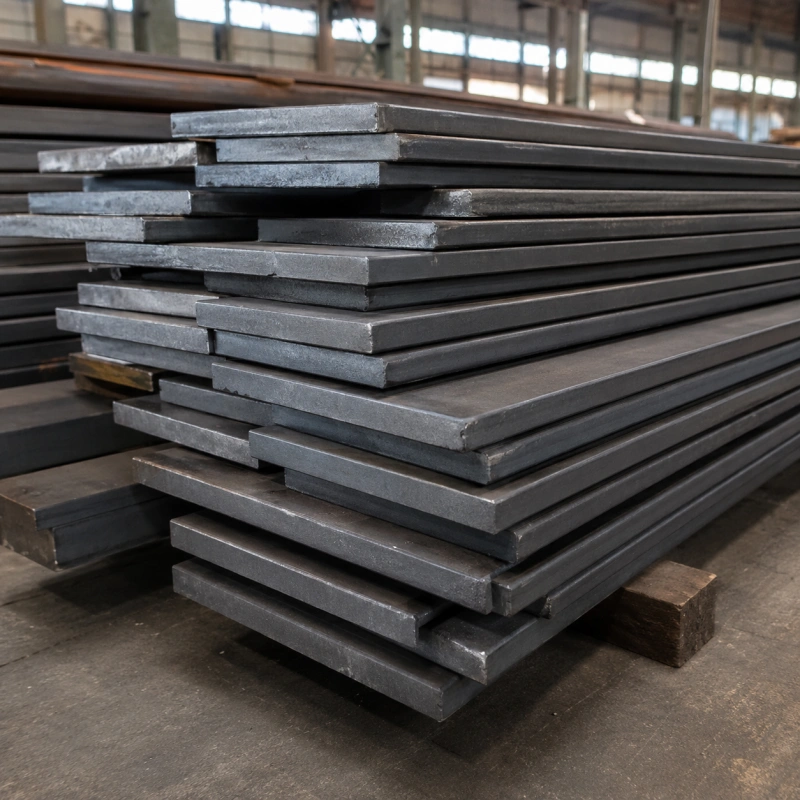 Hot rolled carbon steel flat bars stacked in warehouse for structural fabrication