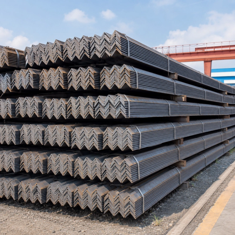 Hot rolled carbon steel angle bars stacked in warehouse for structural construction