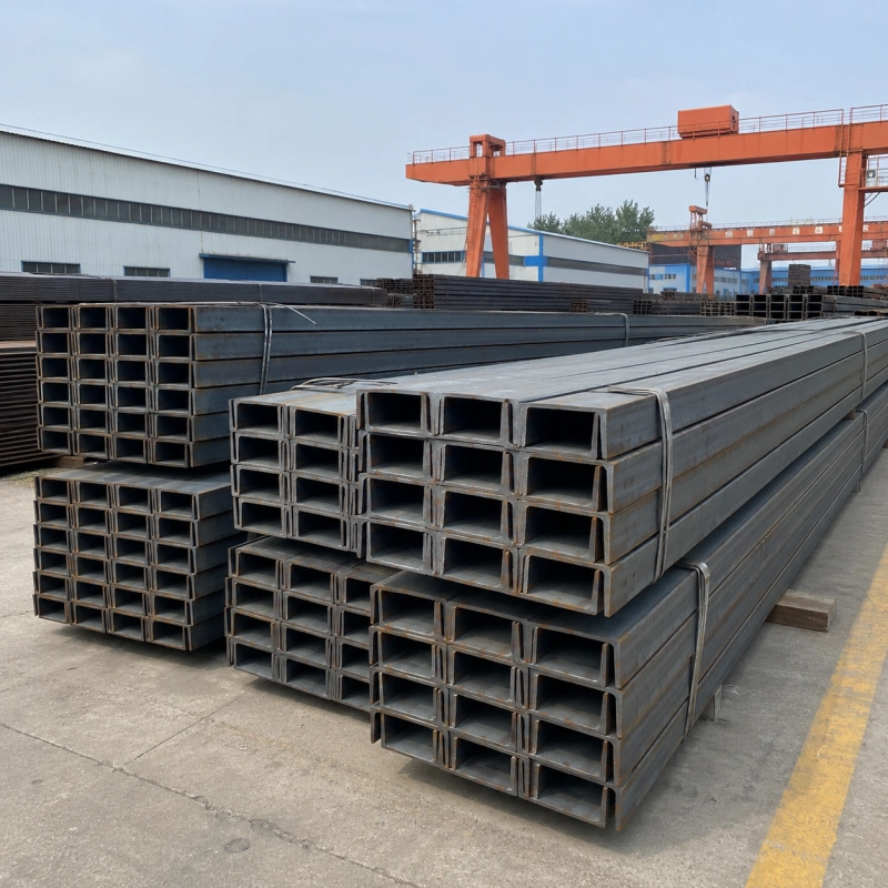 Hot rolled carbon steel channel bars stacked in warehouse for structural construction