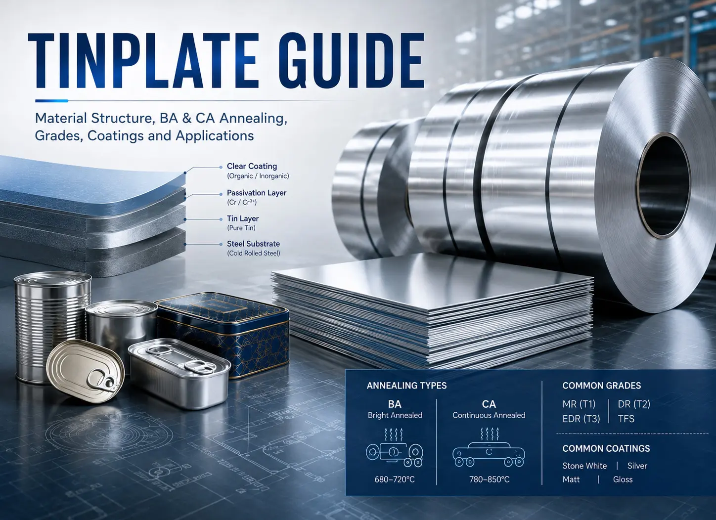 Electrolytic tinplate coils and sheets showing material structure, BA and CA annealing, tin coating grades and metal packaging applications