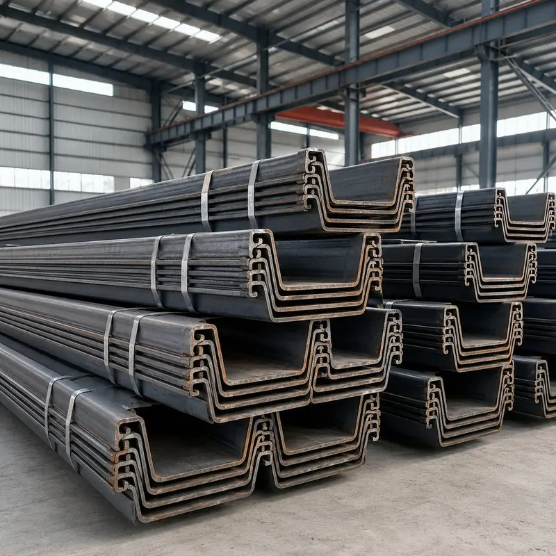 Hot rolled U type steel sheet piles stacked in warehouse with interlocking edges visible