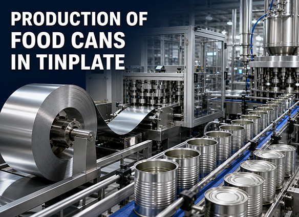 Tinplate coil feeding into an automated production line for manufacturing food cans in a modern metal packaging factory.